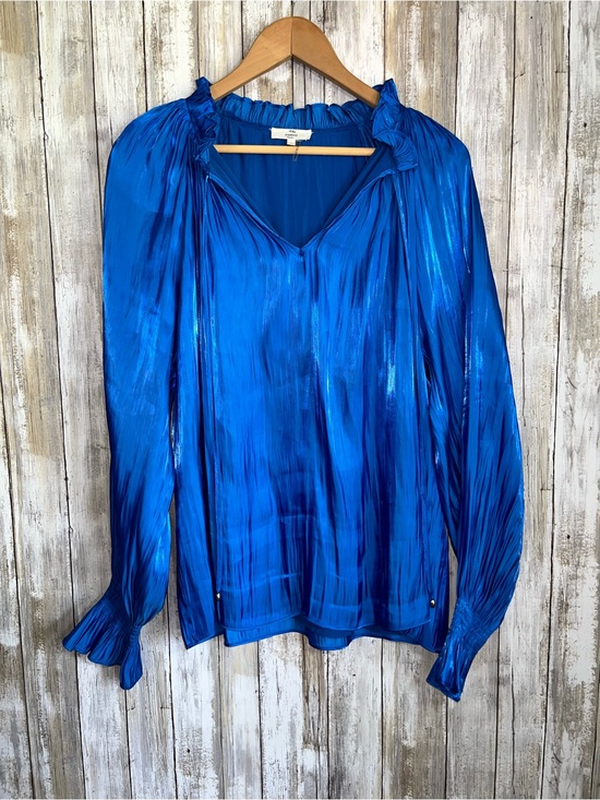 entro Tops - Entro Metallic Blue Blouse Size Large Shimmer Long Sleeve Boho Top